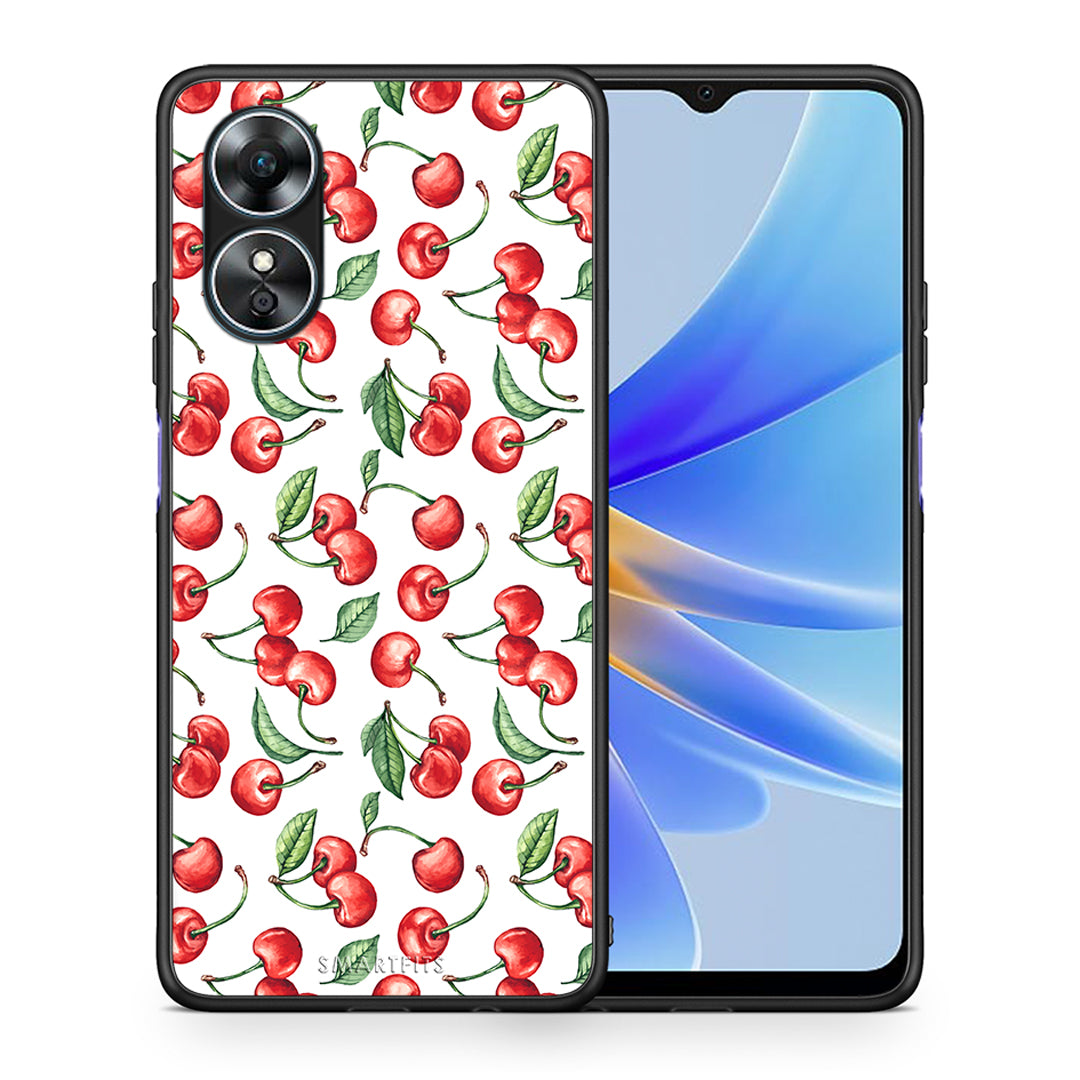 Θήκη Oppo A17 Cherry Summer από τη Smartfits με σχέδιο στο πίσω μέρος και μαύρο περίβλημα | Oppo A17 Cherry Summer Case with Colorful Back and Black Bezels