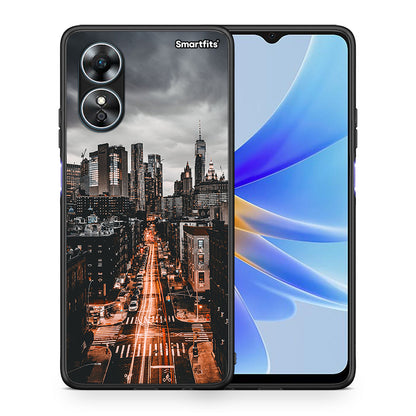 Θήκη Oppo A17 City Lights από τη Smartfits με σχέδιο στο πίσω μέρος και μαύρο περίβλημα | Oppo A17 City Lights Case with Colorful Back and Black Bezels