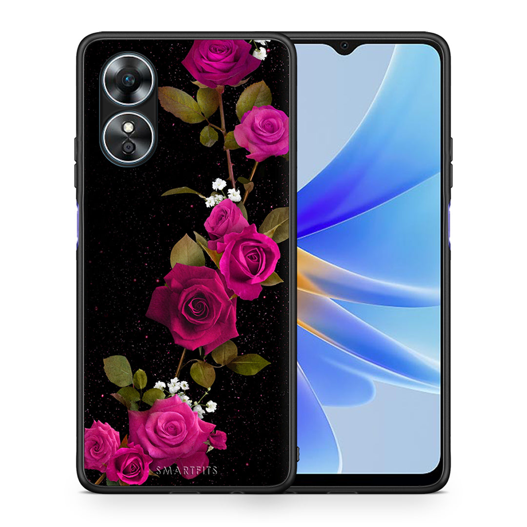Θήκη Oppo A17 Flower Red Roses από τη Smartfits με σχέδιο στο πίσω μέρος και μαύρο περίβλημα | Oppo A17 Flower Red Roses Case with Colorful Back and Black Bezels