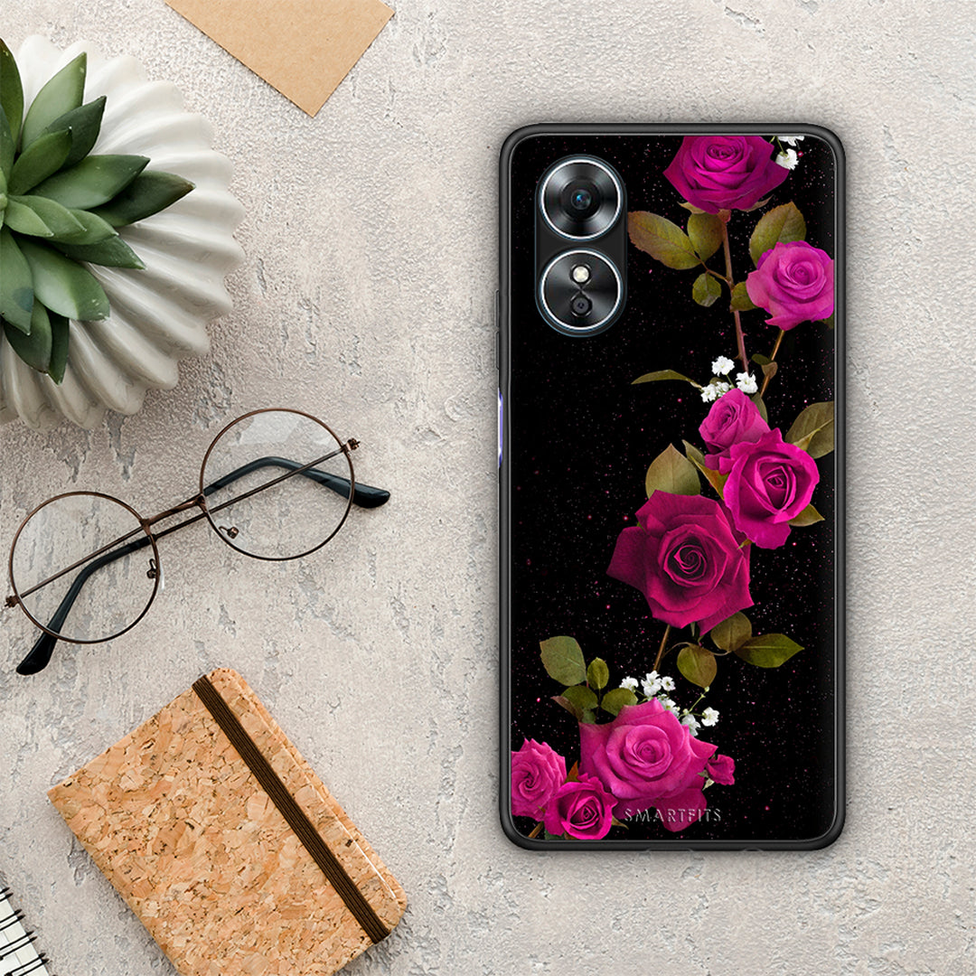 Θήκη Oppo A17 Flower Red Roses από τη Smartfits με σχέδιο στο πίσω μέρος και μαύρο περίβλημα | Oppo A17 Flower Red Roses Case with Colorful Back and Black Bezels