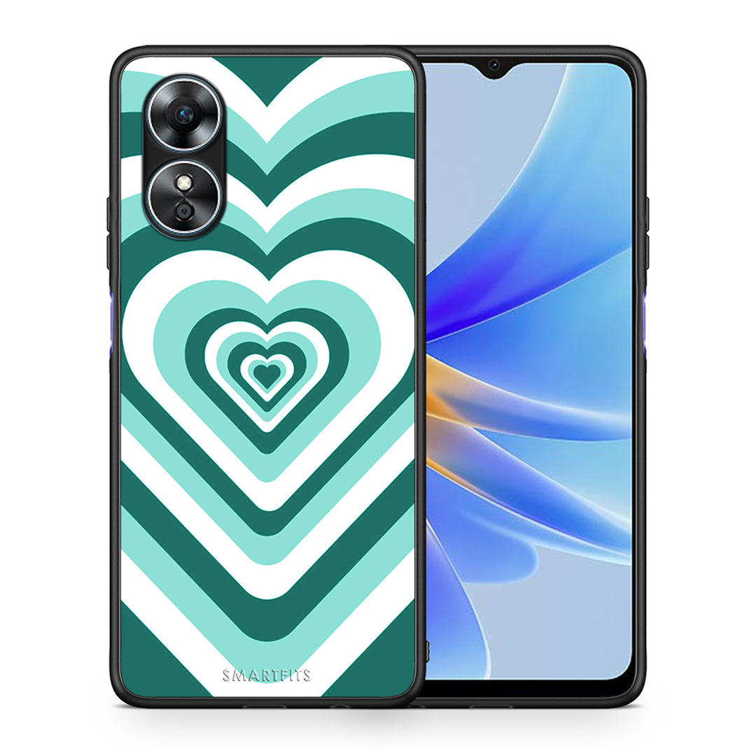 Θήκη Oppo A17 Green Hearts από τη Smartfits με σχέδιο στο πίσω μέρος και μαύρο περίβλημα | Oppo A17 Green Hearts Case with Colorful Back and Black Bezels