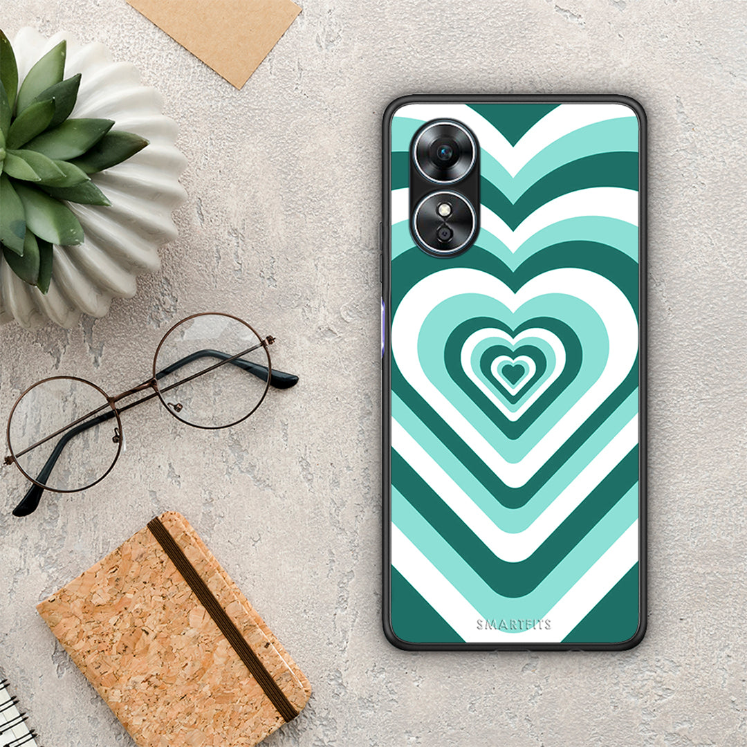 Θήκη Oppo A17 Green Hearts από τη Smartfits με σχέδιο στο πίσω μέρος και μαύρο περίβλημα | Oppo A17 Green Hearts Case with Colorful Back and Black Bezels