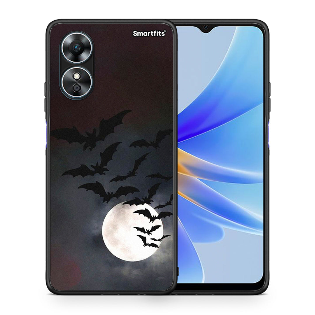 Θήκη Oppo A17 Halloween Bat Night από τη Smartfits με σχέδιο στο πίσω μέρος και μαύρο περίβλημα | Oppo A17 Halloween Bat Night Case with Colorful Back and Black Bezels