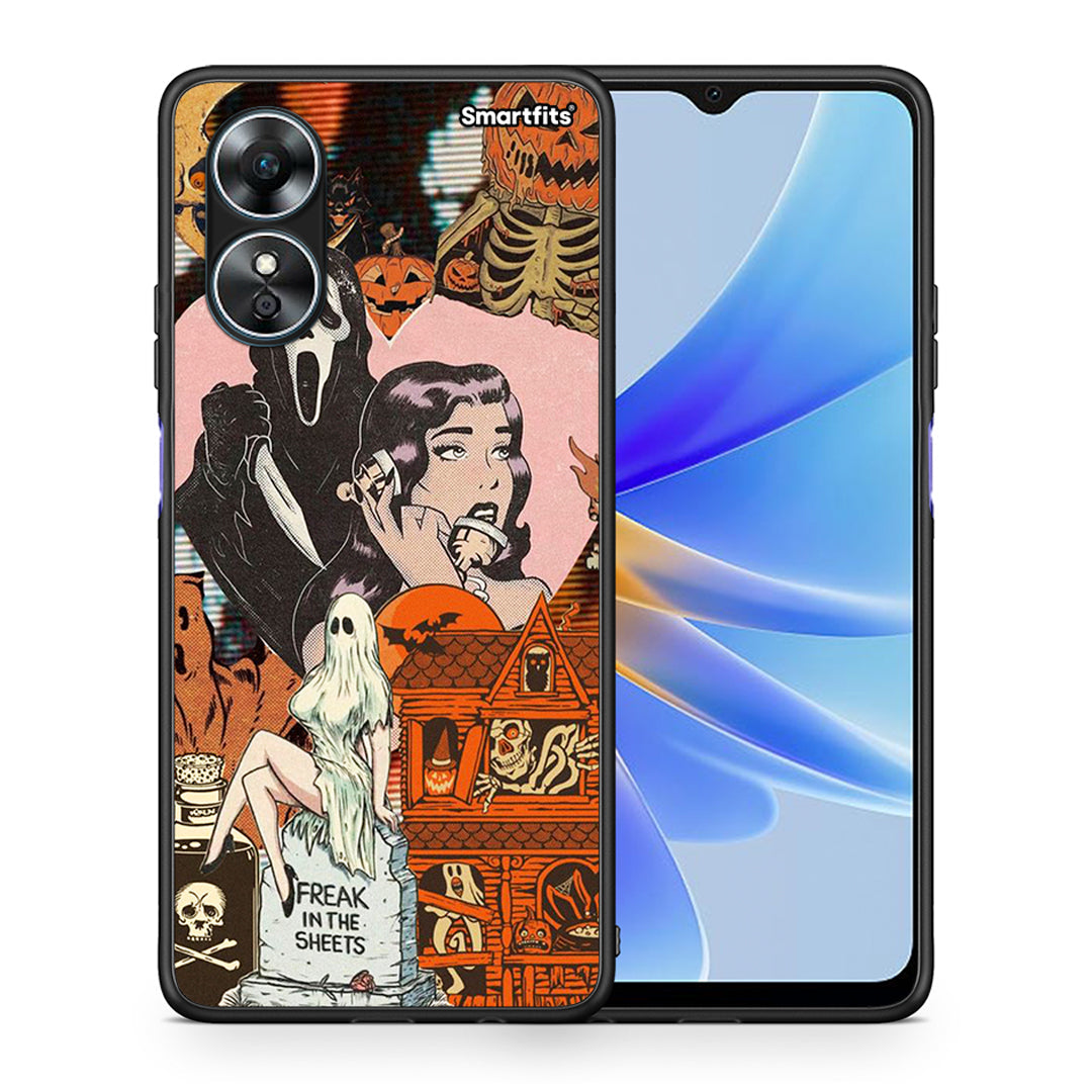 Θήκη Oppo A17 Halloween Collage από τη Smartfits με σχέδιο στο πίσω μέρος και μαύρο περίβλημα | Oppo A17 Halloween Collage Case with Colorful Back and Black Bezels