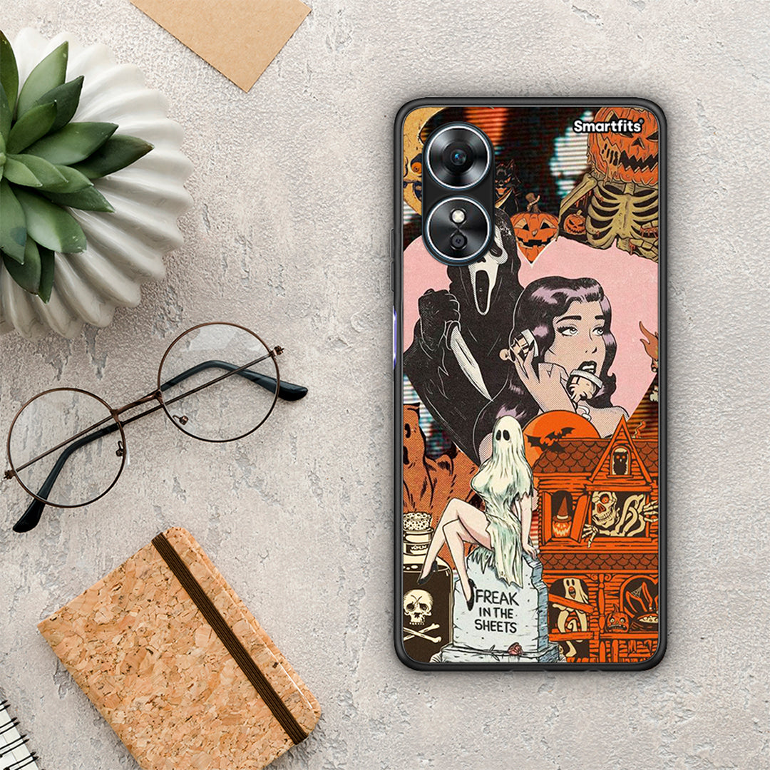 Θήκη Oppo A17 Halloween Collage από τη Smartfits με σχέδιο στο πίσω μέρος και μαύρο περίβλημα | Oppo A17 Halloween Collage Case with Colorful Back and Black Bezels