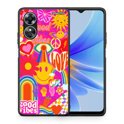 Θήκη Oppo A17 Hippie Love από τη Smartfits με σχέδιο στο πίσω μέρος και μαύρο περίβλημα | Oppo A17 Hippie Love Case with Colorful Back and Black Bezels