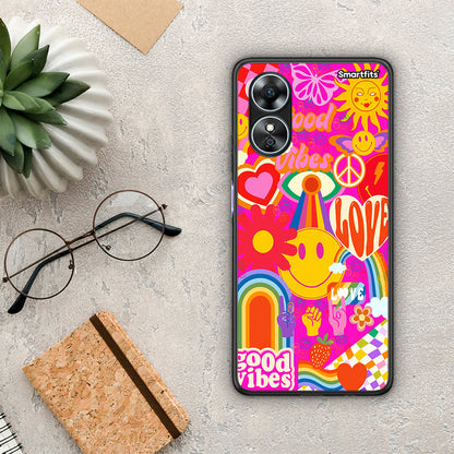 Θήκη Oppo A17 Hippie Love από τη Smartfits με σχέδιο στο πίσω μέρος και μαύρο περίβλημα | Oppo A17 Hippie Love Case with Colorful Back and Black Bezels