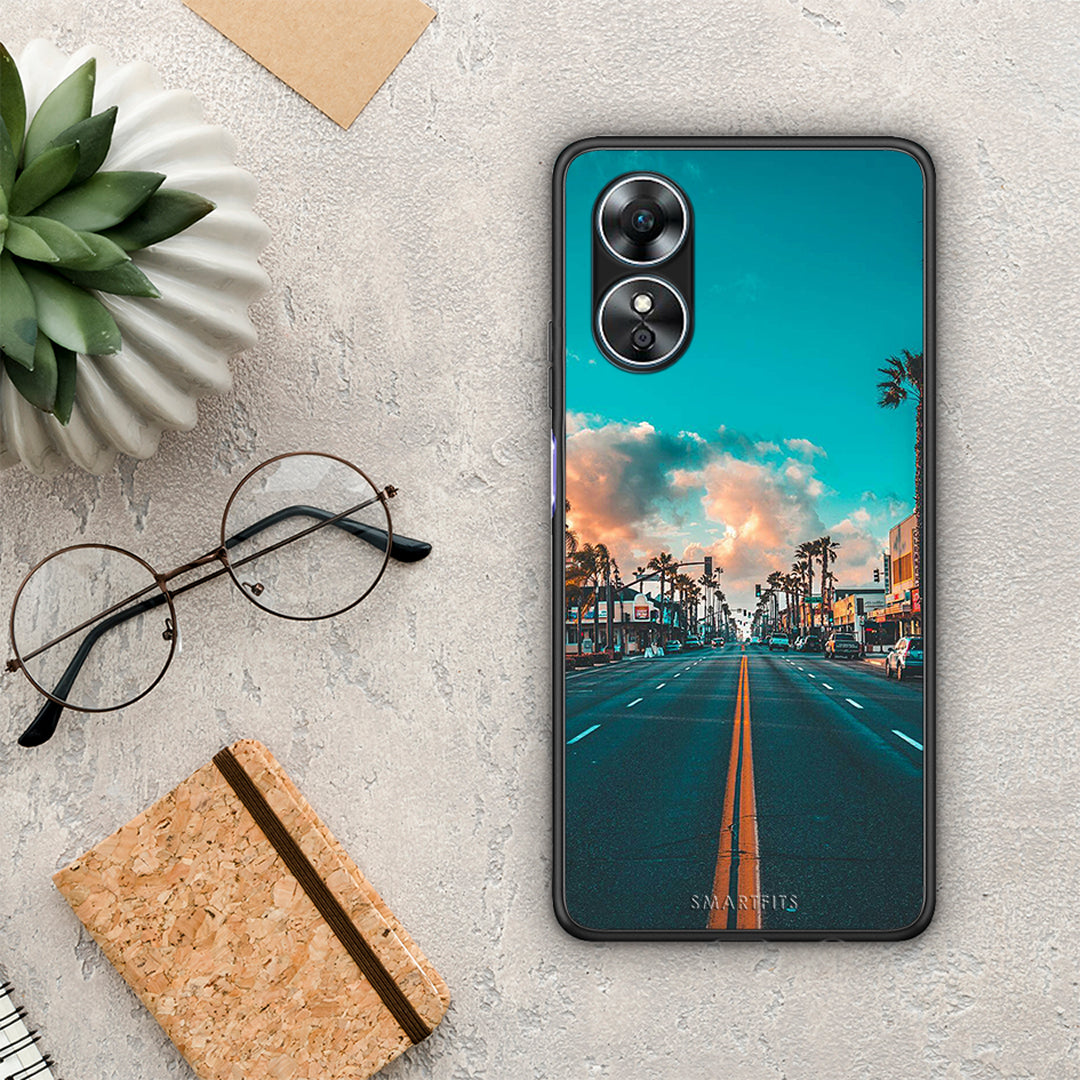 Θήκη Oppo A17 Landscape City από τη Smartfits με σχέδιο στο πίσω μέρος και μαύρο περίβλημα | Oppo A17 Landscape City Case with Colorful Back and Black Bezels