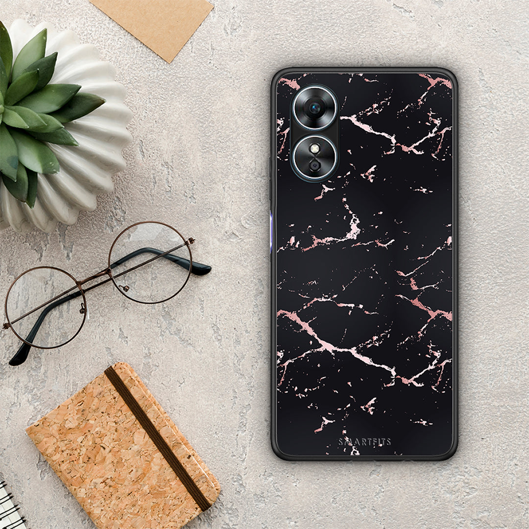 Θήκη Oppo A17 Marble Black Rosegold από τη Smartfits με σχέδιο στο πίσω μέρος και μαύρο περίβλημα | Oppo A17 Marble Black Rosegold Case with Colorful Back and Black Bezels