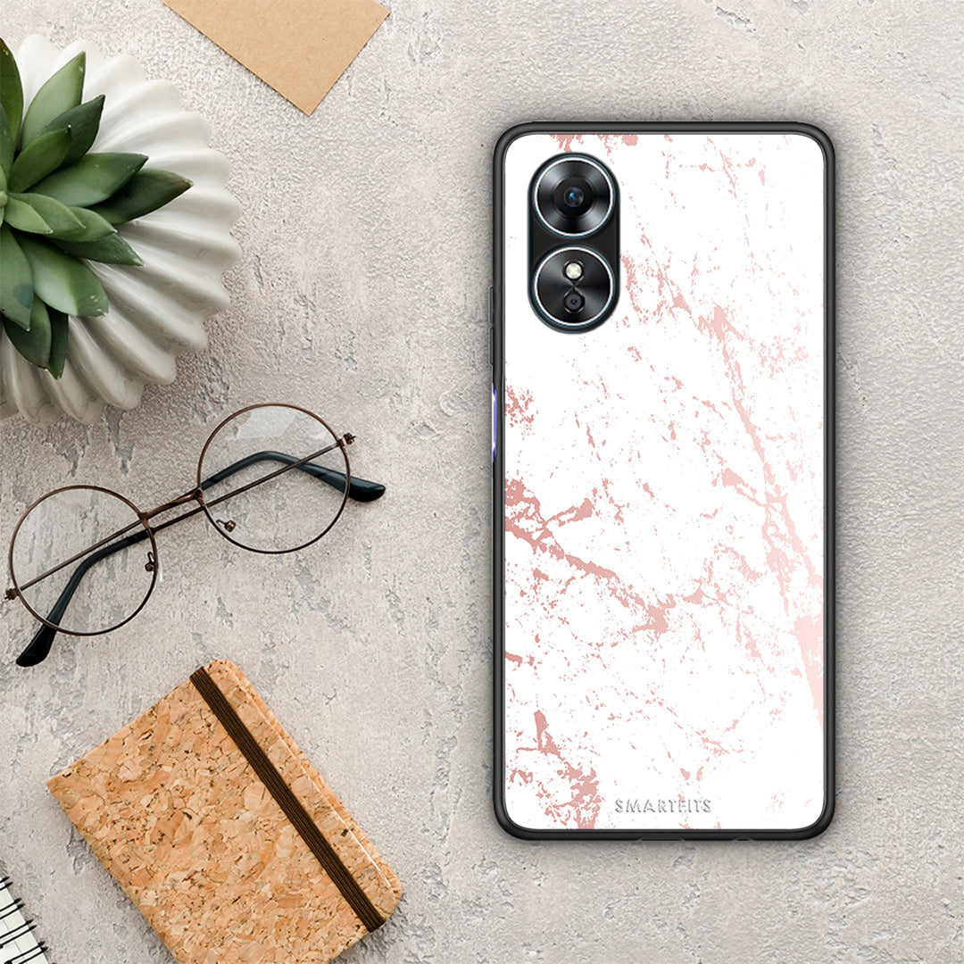 Θήκη Oppo A17 Marble Pink Splash από τη Smartfits με σχέδιο στο πίσω μέρος και μαύρο περίβλημα | Oppo A17 Marble Pink Splash Case with Colorful Back and Black Bezels