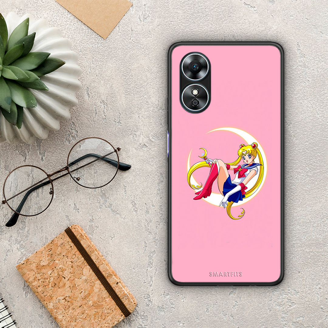 Θήκη Oppo A17 Moon Girl από τη Smartfits με σχέδιο στο πίσω μέρος και μαύρο περίβλημα | Oppo A17 Moon Girl Case with Colorful Back and Black Bezels