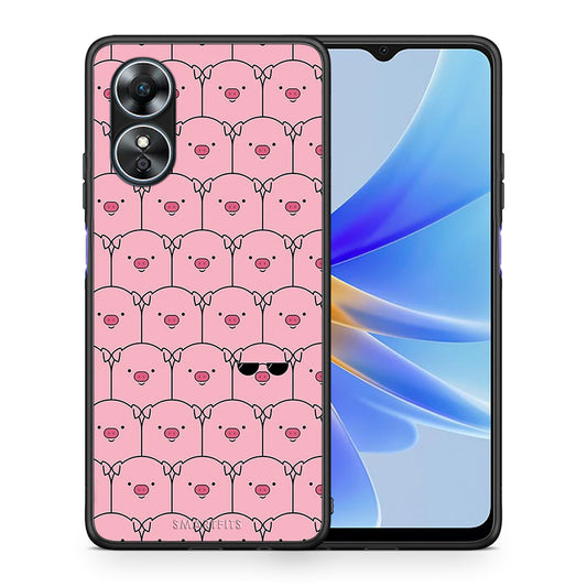 Θήκη Oppo A17 Pig Glasses από τη Smartfits με σχέδιο στο πίσω μέρος και μαύρο περίβλημα | Oppo A17 Pig Glasses Case with Colorful Back and Black Bezels