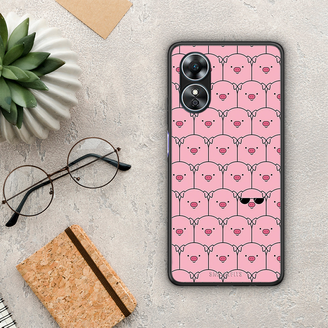 Θήκη Oppo A17 Pig Glasses από τη Smartfits με σχέδιο στο πίσω μέρος και μαύρο περίβλημα | Oppo A17 Pig Glasses Case with Colorful Back and Black Bezels