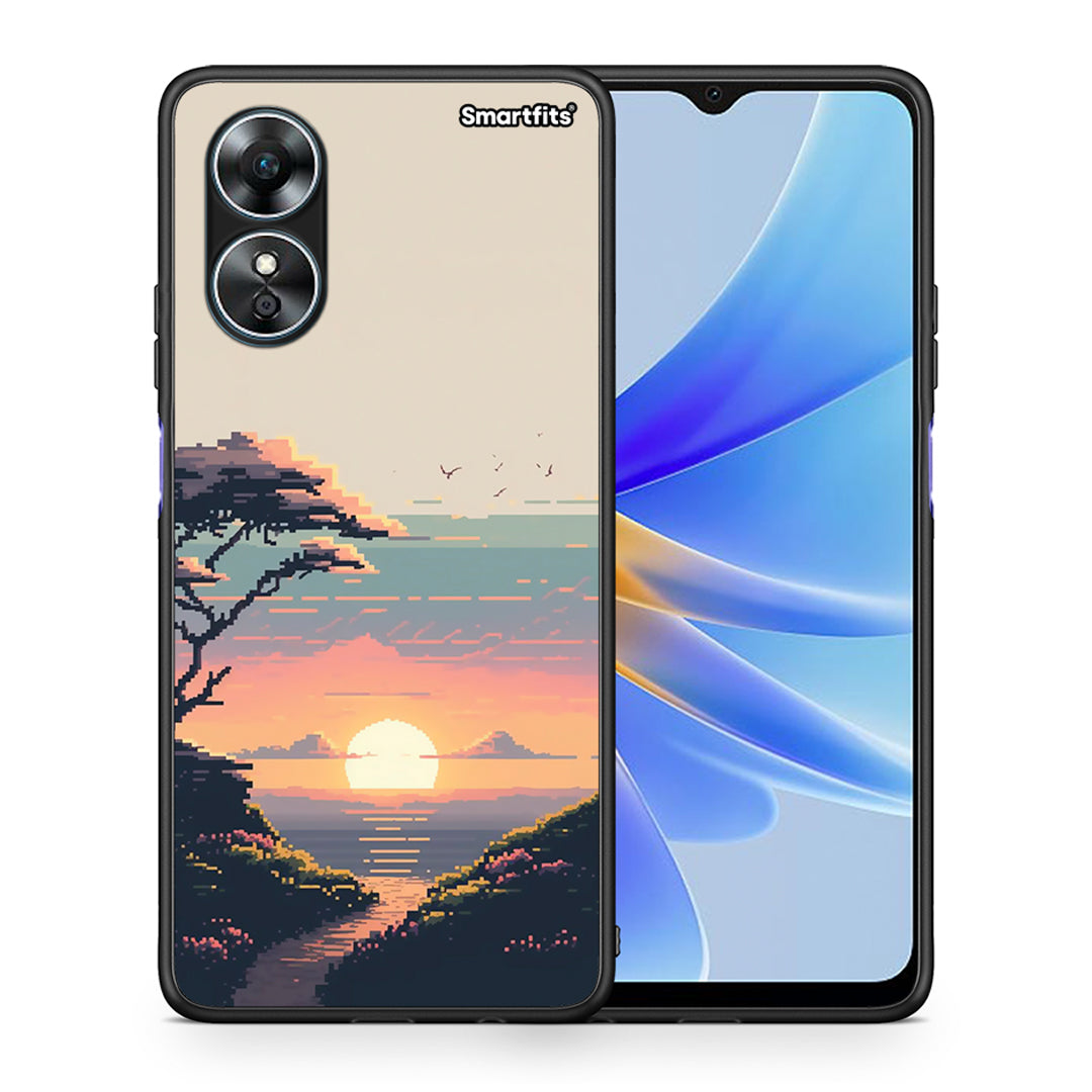 Θήκη Oppo A17 Pixel Sunset από τη Smartfits με σχέδιο στο πίσω μέρος και μαύρο περίβλημα | Oppo A17 Pixel Sunset Case with Colorful Back and Black Bezels