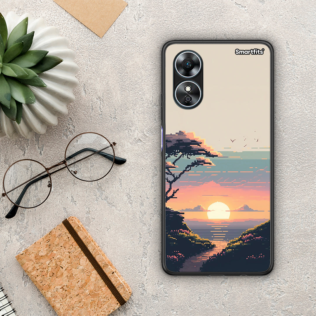 Θήκη Oppo A17 Pixel Sunset από τη Smartfits με σχέδιο στο πίσω μέρος και μαύρο περίβλημα | Oppo A17 Pixel Sunset Case with Colorful Back and Black Bezels