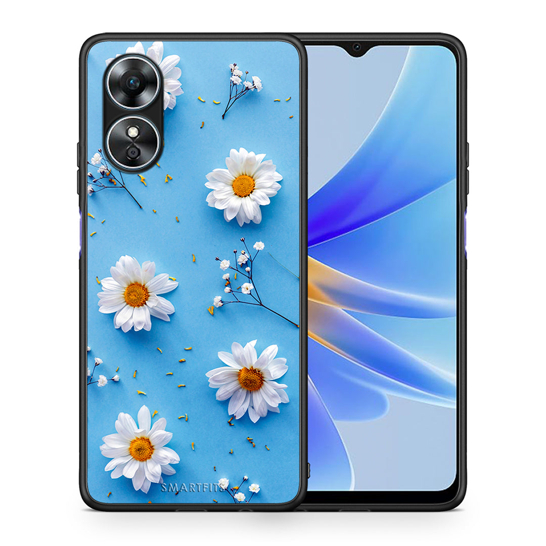 Θήκη Oppo A17 Real Daisies από τη Smartfits με σχέδιο στο πίσω μέρος και μαύρο περίβλημα | Oppo A17 Real Daisies Case with Colorful Back and Black Bezels