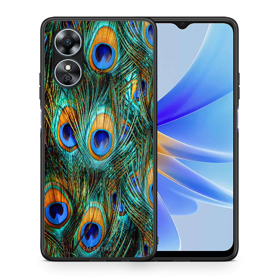 Θήκη Oppo A17 Real Peacock Feathers από τη Smartfits με σχέδιο στο πίσω μέρος και μαύρο περίβλημα | Oppo A17 Real Peacock Feathers Case with Colorful Back and Black Bezels