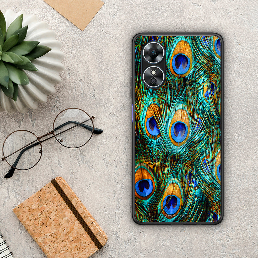 Θήκη Oppo A17 Real Peacock Feathers από τη Smartfits με σχέδιο στο πίσω μέρος και μαύρο περίβλημα | Oppo A17 Real Peacock Feathers Case with Colorful Back and Black Bezels