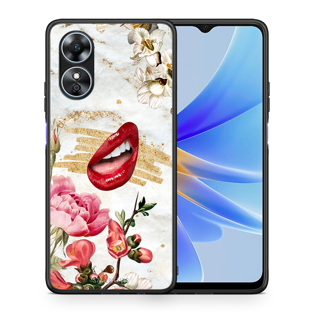 Θήκη Oppo A17 Red Lips από τη Smartfits με σχέδιο στο πίσω μέρος και μαύρο περίβλημα | Oppo A17 Red Lips Case with Colorful Back and Black Bezels