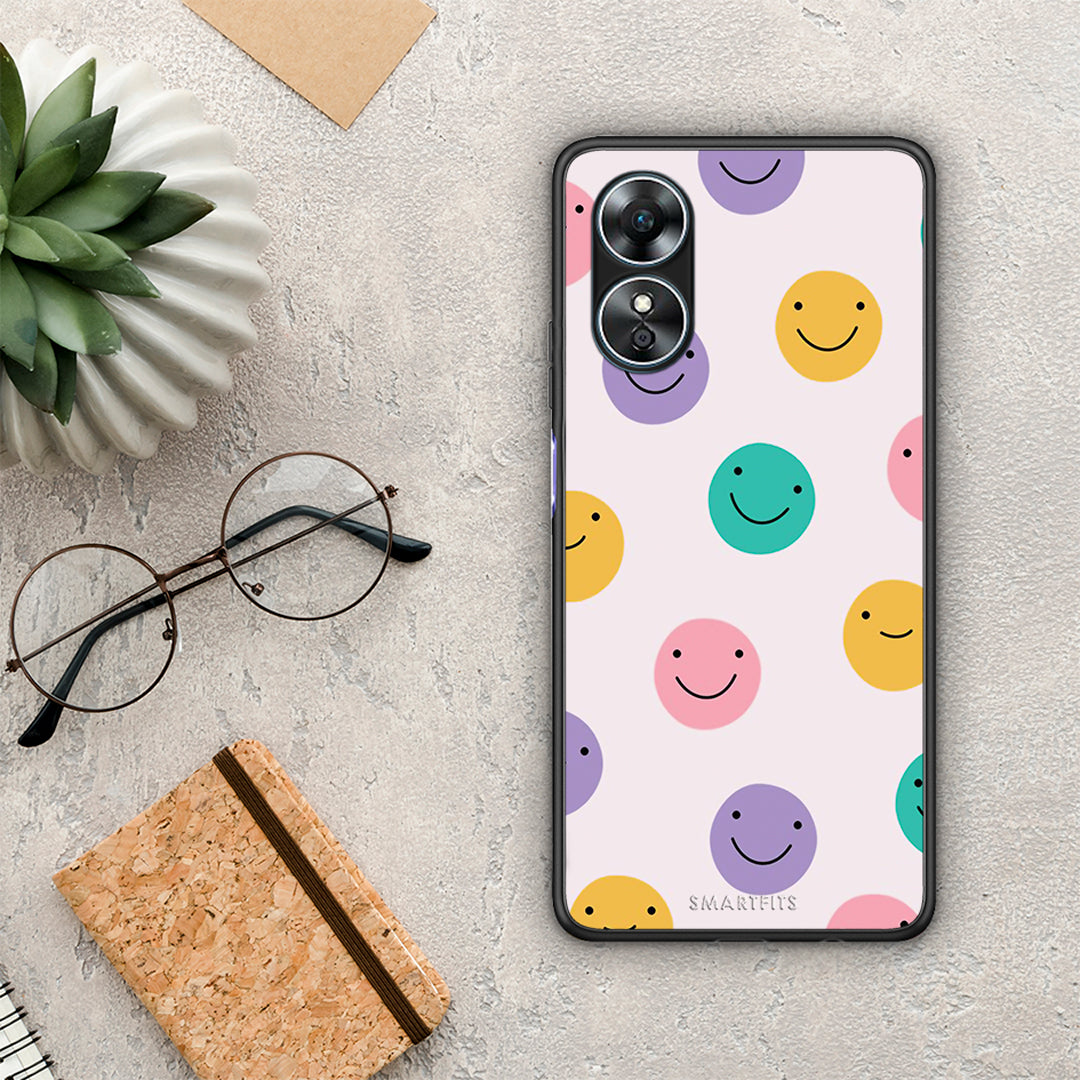 Θήκη Oppo A17 Smiley Faces από τη Smartfits με σχέδιο στο πίσω μέρος και μαύρο περίβλημα | Oppo A17 Smiley Faces Case with Colorful Back and Black Bezels