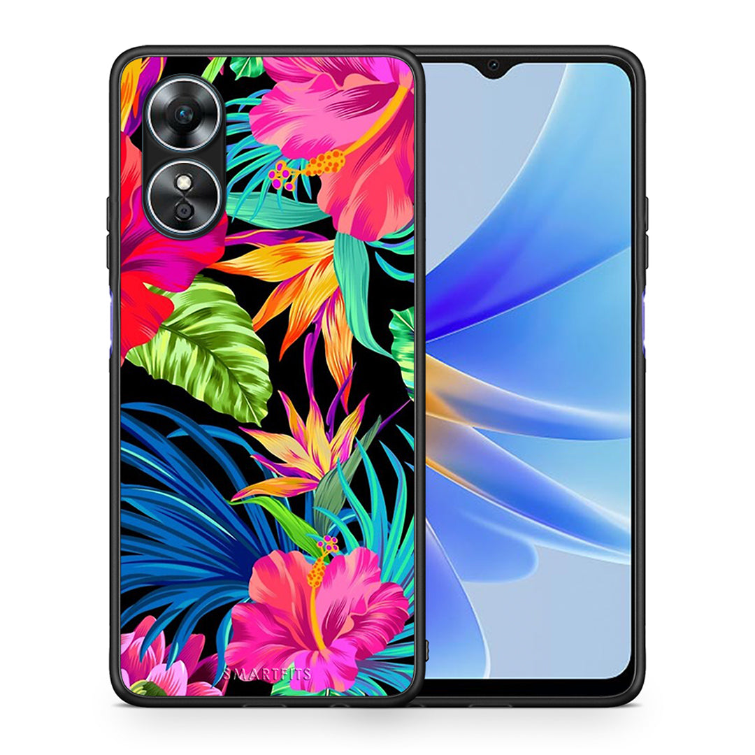 Θήκη Oppo A17 Tropical Flowers από τη Smartfits με σχέδιο στο πίσω μέρος και μαύρο περίβλημα | Oppo A17 Tropical Flowers Case with Colorful Back and Black Bezels