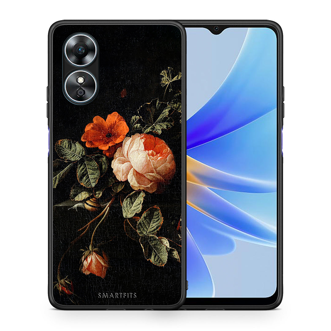 Θήκη Oppo A17 Vintage Roses από τη Smartfits με σχέδιο στο πίσω μέρος και μαύρο περίβλημα | Oppo A17 Vintage Roses Case with Colorful Back and Black Bezels