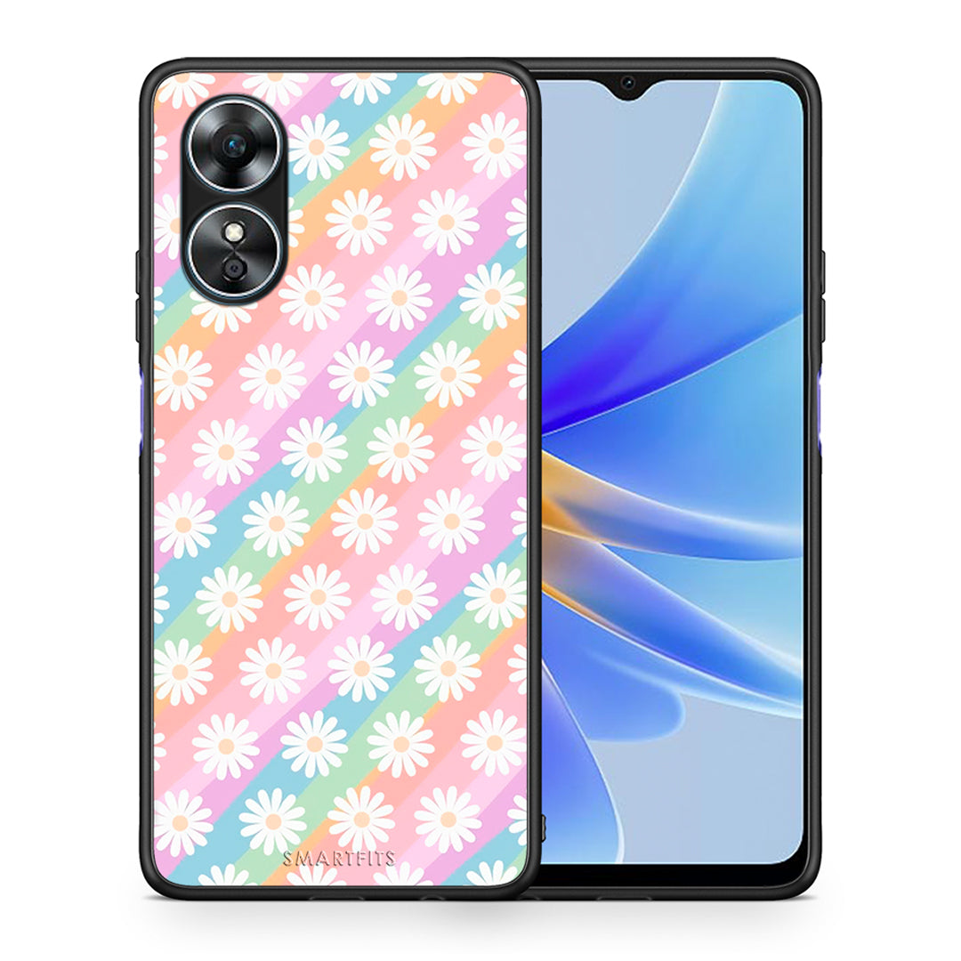 Θήκη Oppo A17 White Daisies από τη Smartfits με σχέδιο στο πίσω μέρος και μαύρο περίβλημα | Oppo A17 White Daisies Case with Colorful Back and Black Bezels