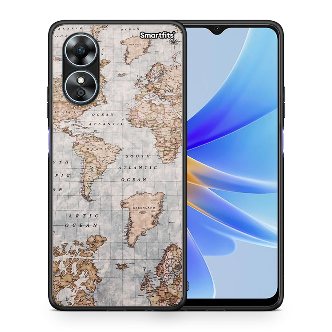 Θήκη Oppo A17 World Map από τη Smartfits με σχέδιο στο πίσω μέρος και μαύρο περίβλημα | Oppo A17 World Map Case with Colorful Back and Black Bezels