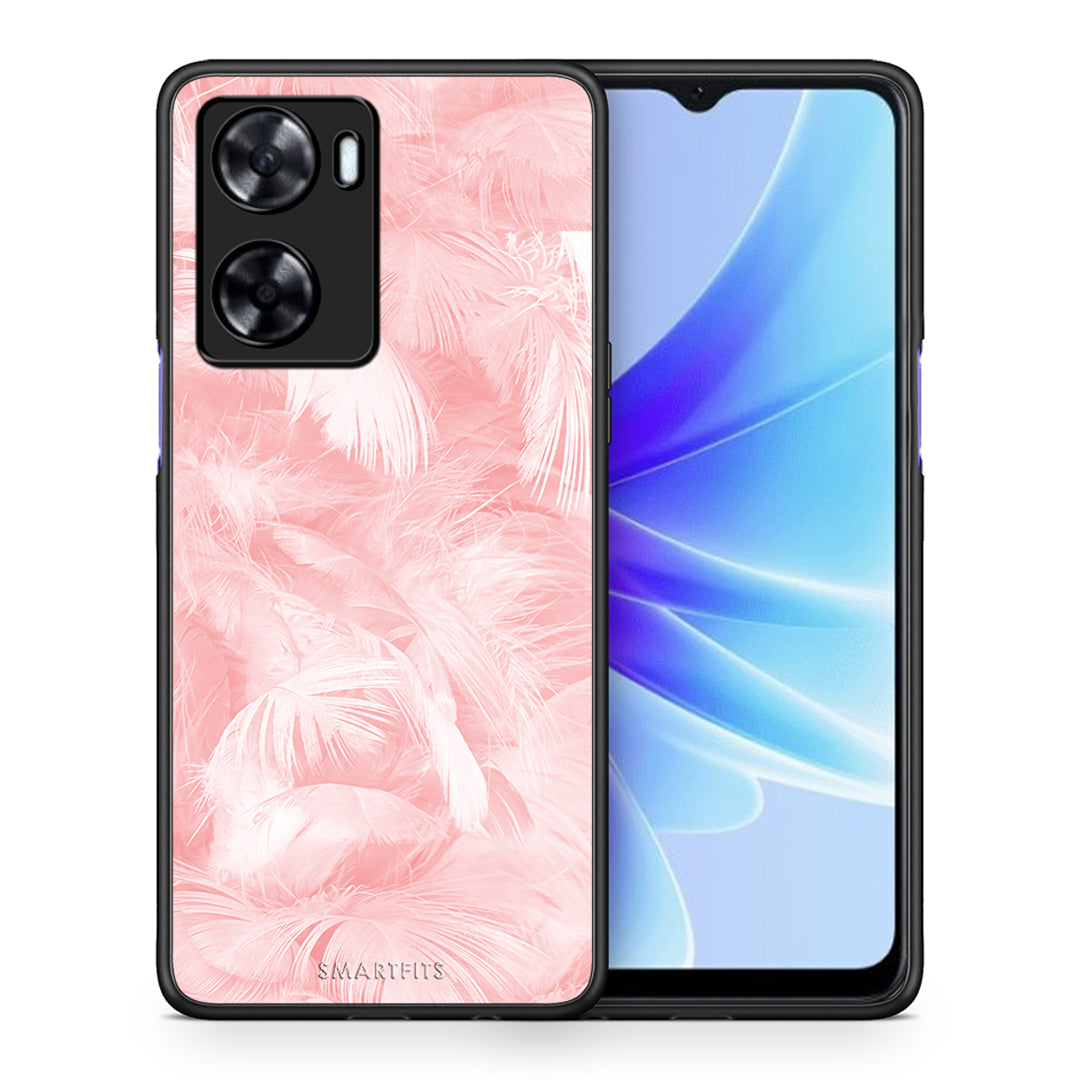 Θήκη Oppo A57s / A77s / A58 / OnePlus Nord N20 SE Pink Feather Boho από τη Smartfits με σχέδιο στο πίσω μέρος και μαύρο περίβλημα | Oppo A57s / A77s / A58 / OnePlus Nord N20 SE Pink Feather Boho case with colorful back and black bezels