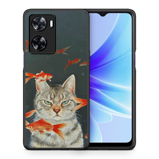 Θήκη Oppo A57s / A77s / A77 Cat Goldfish από τη Smartfits με σχέδιο στο πίσω μέρος και μαύρο περίβλημα | Oppo A57s / A77s / A77 Cat Goldfish case with colorful back and black bezels