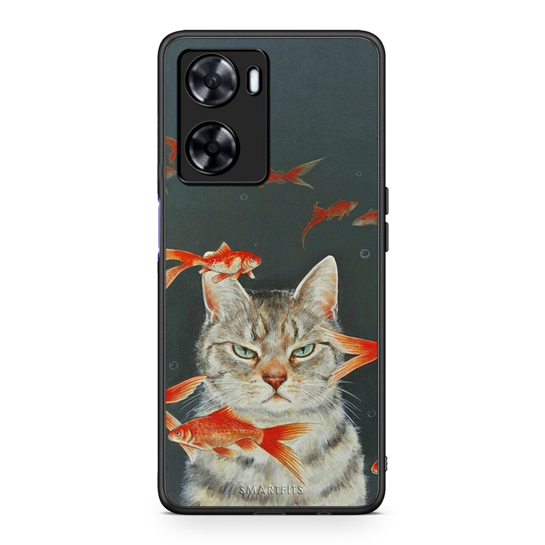 Oppo A57s / A77s / A58 / OnePlus Nord N20 SE Cat Goldfish θήκη από τη Smartfits με σχέδιο στο πίσω μέρος και μαύρο περίβλημα | Smartphone case with colorful back and black bezels by Smartfits