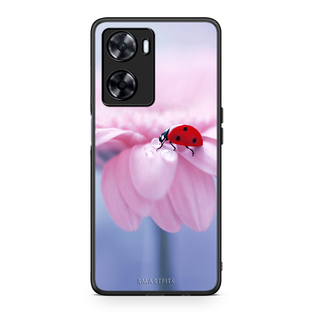 Oppo A57s / A77s / A58 / OnePlus Nord N20 SE Ladybug Flower θήκη από τη Smartfits με σχέδιο στο πίσω μέρος και μαύρο περίβλημα | Smartphone case with colorful back and black bezels by Smartfits
