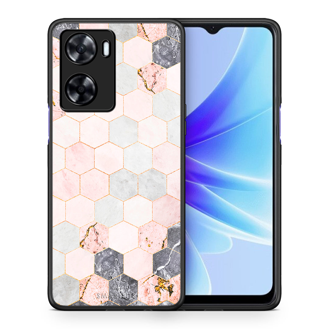 Θήκη Oppo A57s / A77s / A58 / OnePlus Nord N20 SE Hexagon Pink Marble από τη Smartfits με σχέδιο στο πίσω μέρος και μαύρο περίβλημα | Oppo A57s / A77s / A58 / OnePlus Nord N20 SE Hexagon Pink Marble case with colorful back and black bezels