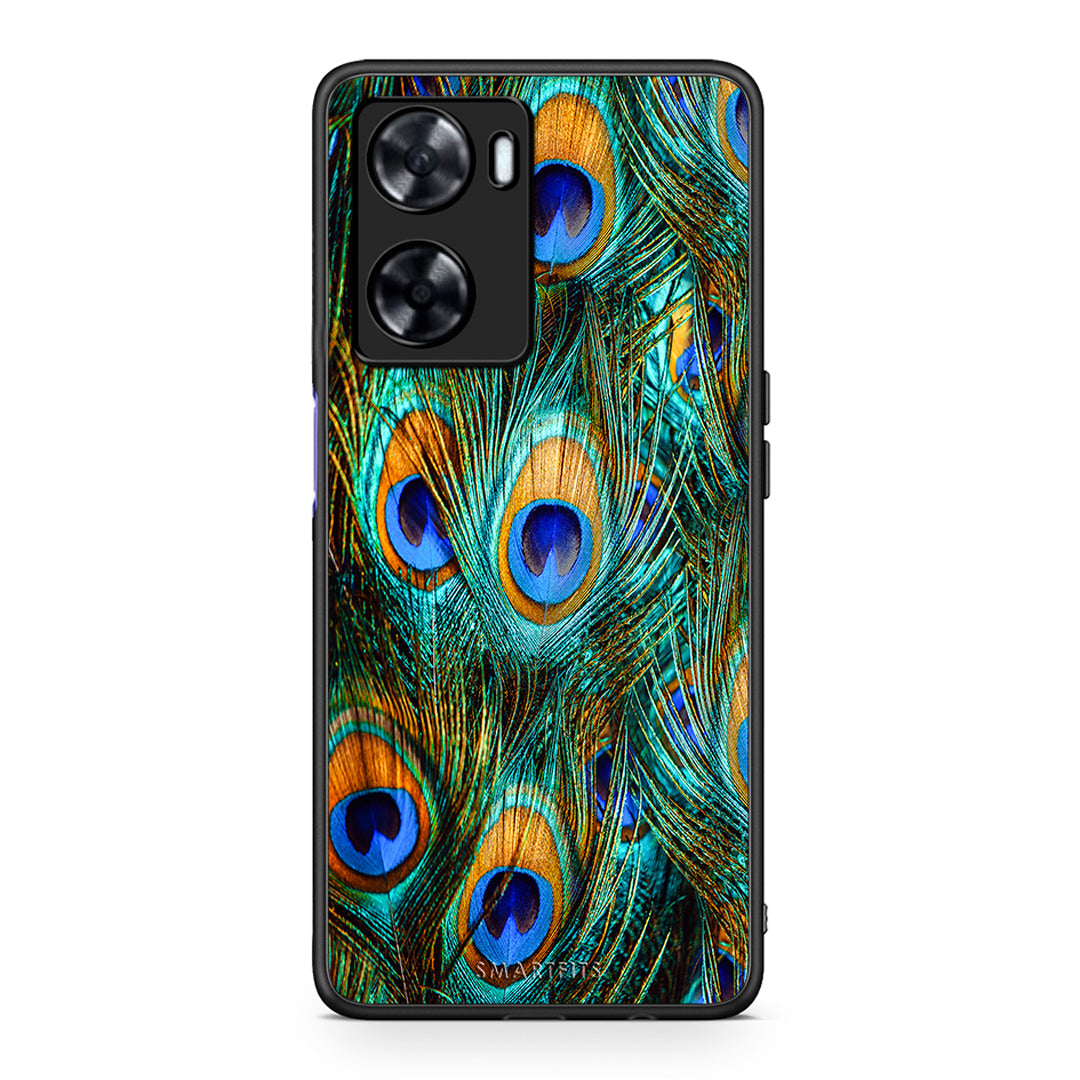 Oppo A57s / A77s / A58 / OnePlus Nord N20 SE Real Peacock Feathers θήκη από τη Smartfits με σχέδιο στο πίσω μέρος και μαύρο περίβλημα | Smartphone case with colorful back and black bezels by Smartfits