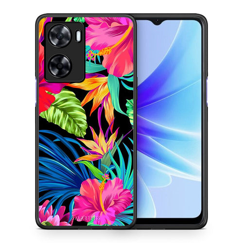Θήκη Oppo A57s / A77s / A77 Tropical Flowers από τη Smartfits με σχέδιο στο πίσω μέρος και μαύρο περίβλημα | Oppo A57s / A77s / A77 Tropical Flowers case with colorful back and black bezels
