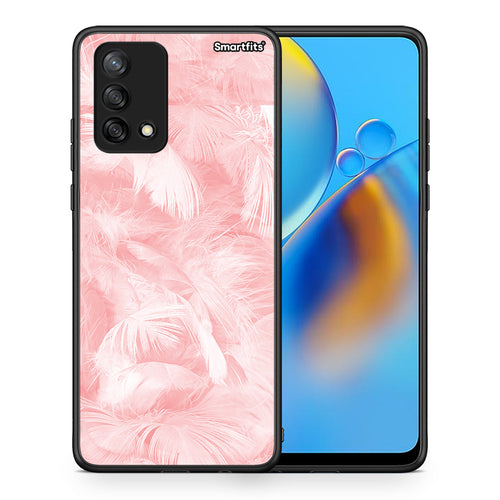 Θήκη Oppo A74 4G Pink Feather Boho από τη Smartfits με σχέδιο στο πίσω μέρος και μαύρο περίβλημα | Oppo A74 4G Pink Feather Boho case with colorful back and black bezels