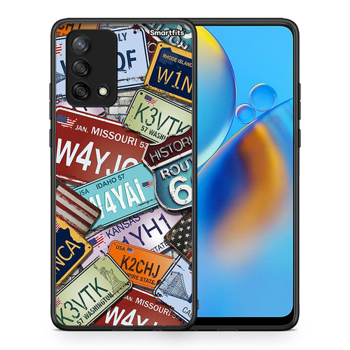 Θήκη Oppo A74 4G Car Plates από τη Smartfits με σχέδιο στο πίσω μέρος και μαύρο περίβλημα | Oppo A74 4G Car Plates case with colorful back and black bezels