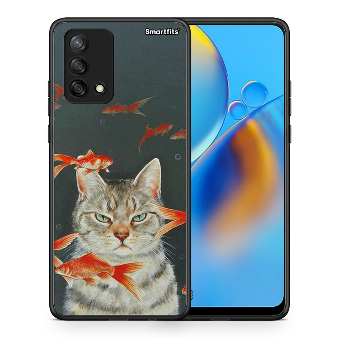 Θήκη Oppo A74 4G Cat Goldfish από τη Smartfits με σχέδιο στο πίσω μέρος και μαύρο περίβλημα | Oppo A74 4G Cat Goldfish case with colorful back and black bezels