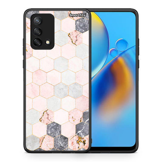 Θήκη Oppo A74 4G Hexagon Pink Marble από τη Smartfits με σχέδιο στο πίσω μέρος και μαύρο περίβλημα | Oppo A74 4G Hexagon Pink Marble case with colorful back and black bezels