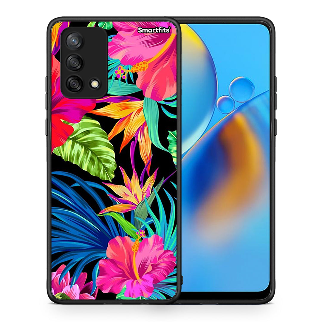Θήκη Oppo A74 4G Tropical Flowers από τη Smartfits με σχέδιο στο πίσω μέρος και μαύρο περίβλημα | Oppo A74 4G Tropical Flowers case with colorful back and black bezels