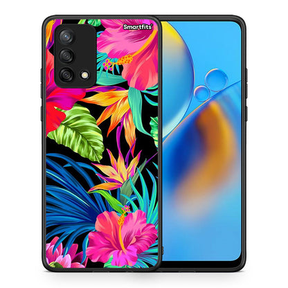 Θήκη Oppo A74 4G Tropical Flowers από τη Smartfits με σχέδιο στο πίσω μέρος και μαύρο περίβλημα | Oppo A74 4G Tropical Flowers case with colorful back and black bezels