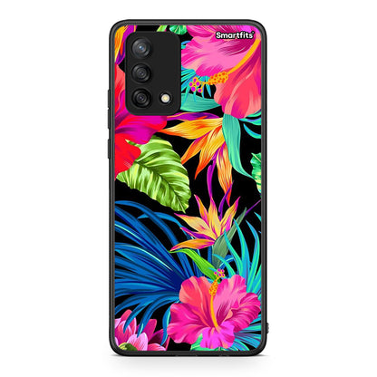 Oppo A74 4G Tropical Flowers θήκη από τη Smartfits με σχέδιο στο πίσω μέρος και μαύρο περίβλημα | Smartphone case with colorful back and black bezels by Smartfits