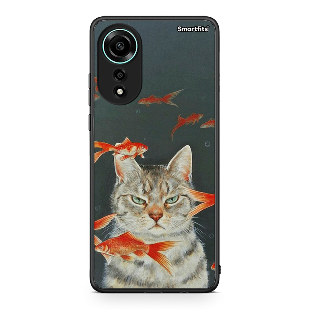 Oppo A78 4G Cat Goldfish θήκη από τη Smartfits με σχέδιο στο πίσω μέρος και μαύρο περίβλημα | Smartphone case with colorful back and black bezels by Smartfits