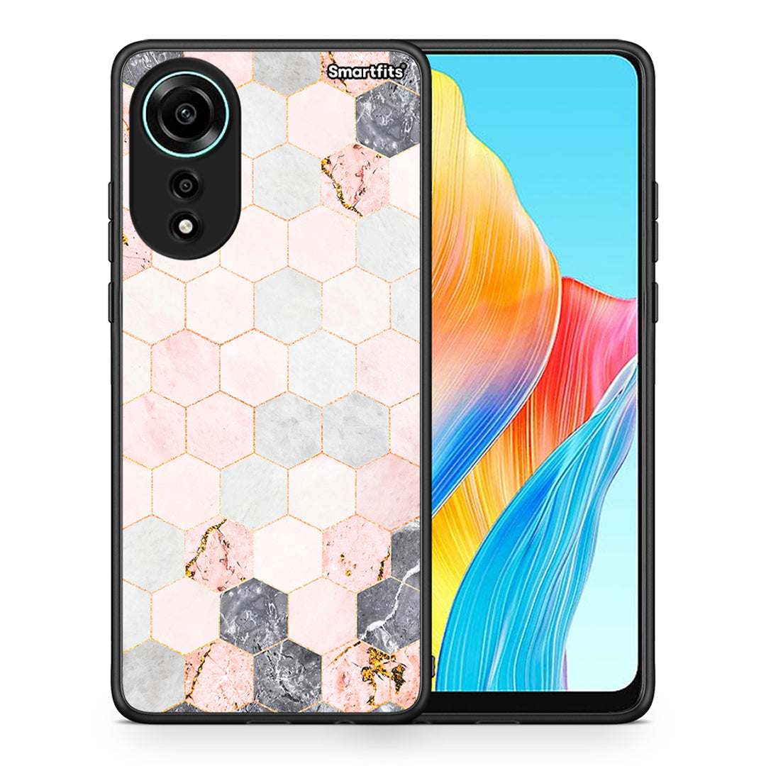 Θήκη Oppo A78 4G Hexagon Pink Marble από τη Smartfits με σχέδιο στο πίσω μέρος και μαύρο περίβλημα | Oppo A78 4G Hexagon Pink Marble case with colorful back and black bezels