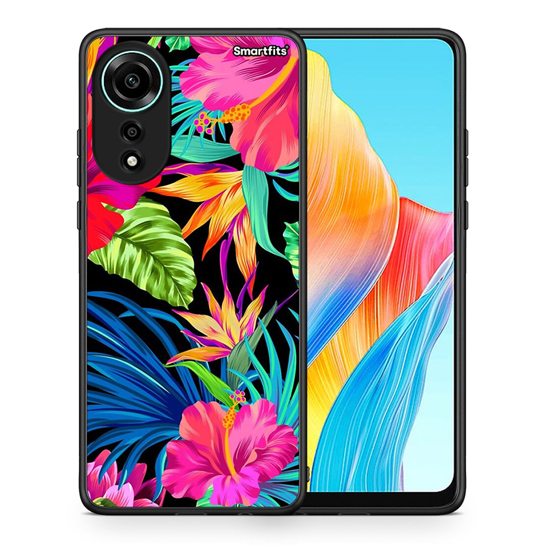 Θήκη Oppo A78 4G Tropical Flowers από τη Smartfits με σχέδιο στο πίσω μέρος και μαύρο περίβλημα | Oppo A78 4G Tropical Flowers case with colorful back and black bezels