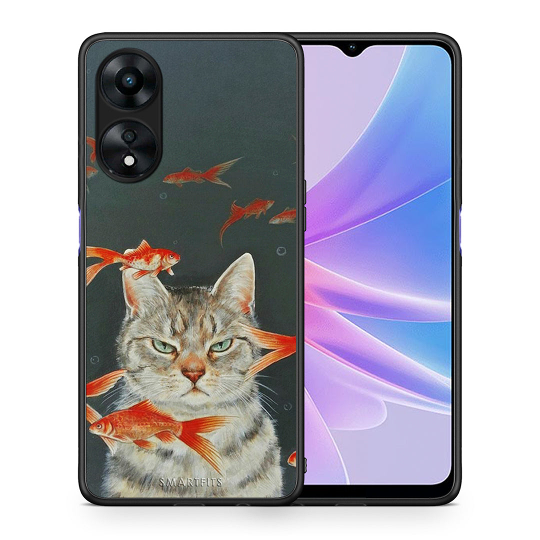 Θήκη Oppo A78 Cat Goldfish από τη Smartfits με σχέδιο στο πίσω μέρος και μαύρο περίβλημα | Oppo A78 Cat Goldfish Case with Colorful Back and Black Bezels