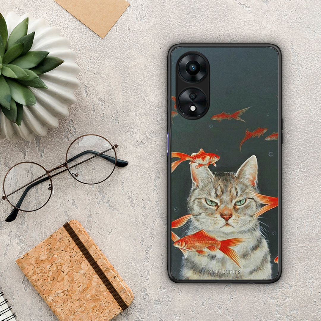 Θήκη Oppo A78 Cat Goldfish από τη Smartfits με σχέδιο στο πίσω μέρος και μαύρο περίβλημα | Oppo A78 Cat Goldfish Case with Colorful Back and Black Bezels