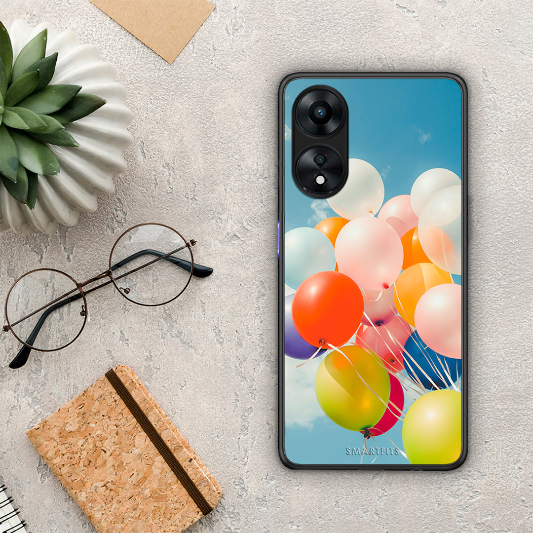 Θήκη Oppo A78 Colorful Balloons από τη Smartfits με σχέδιο στο πίσω μέρος και μαύρο περίβλημα | Oppo A78 Colorful Balloons Case with Colorful Back and Black Bezels