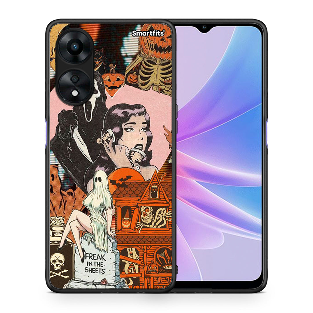 Θήκη Oppo A78 Halloween Collage από τη Smartfits με σχέδιο στο πίσω μέρος και μαύρο περίβλημα | Oppo A78 Halloween Collage Case with Colorful Back and Black Bezels