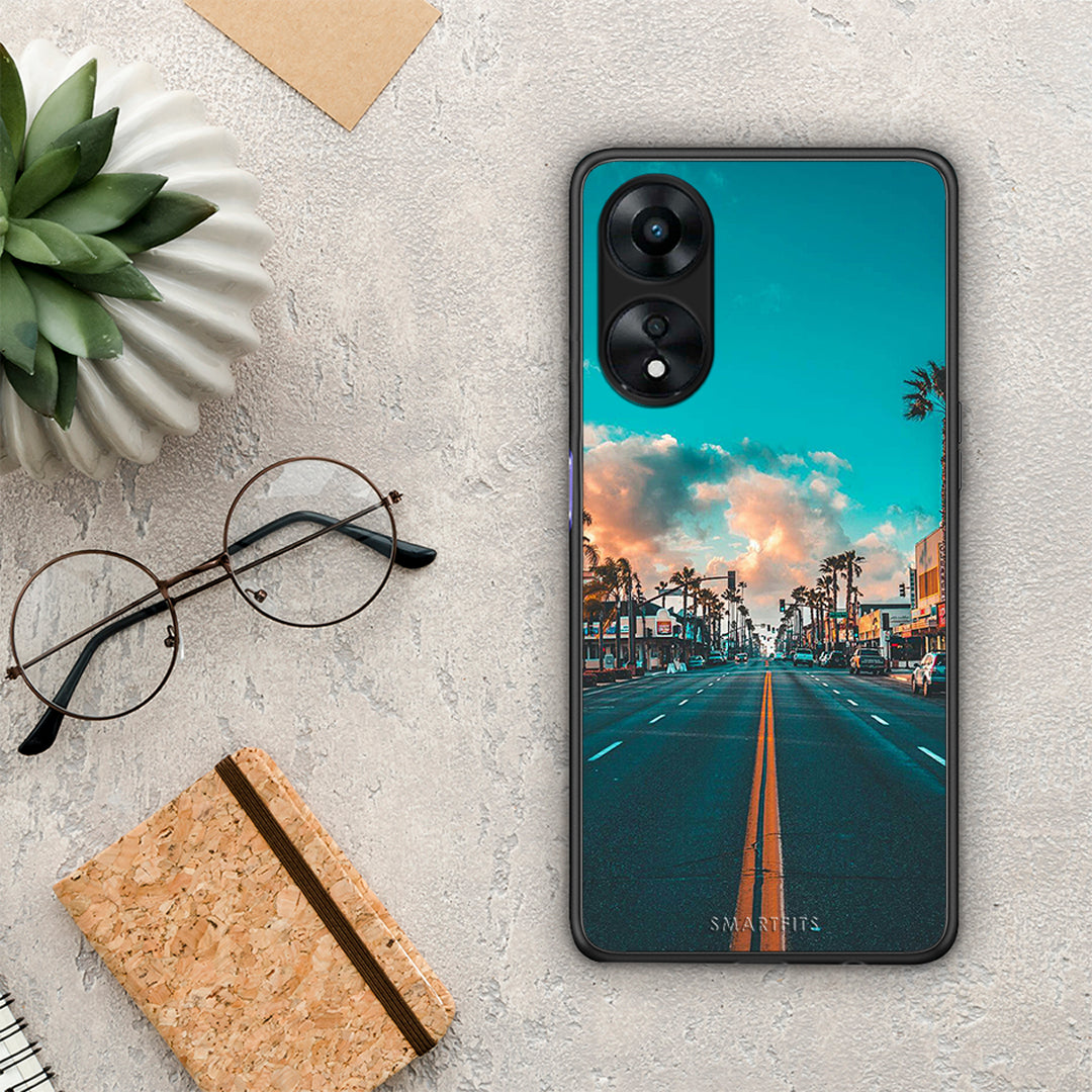 Θήκη Oppo A78 Landscape City από τη Smartfits με σχέδιο στο πίσω μέρος και μαύρο περίβλημα | Oppo A78 Landscape City Case with Colorful Back and Black Bezels